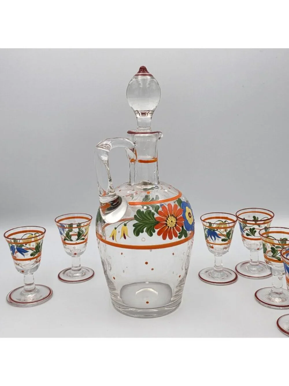 Hand-Painted Glass Decanter Enamel Flowers Stopper & 6 Shot Glasses Art Deco
